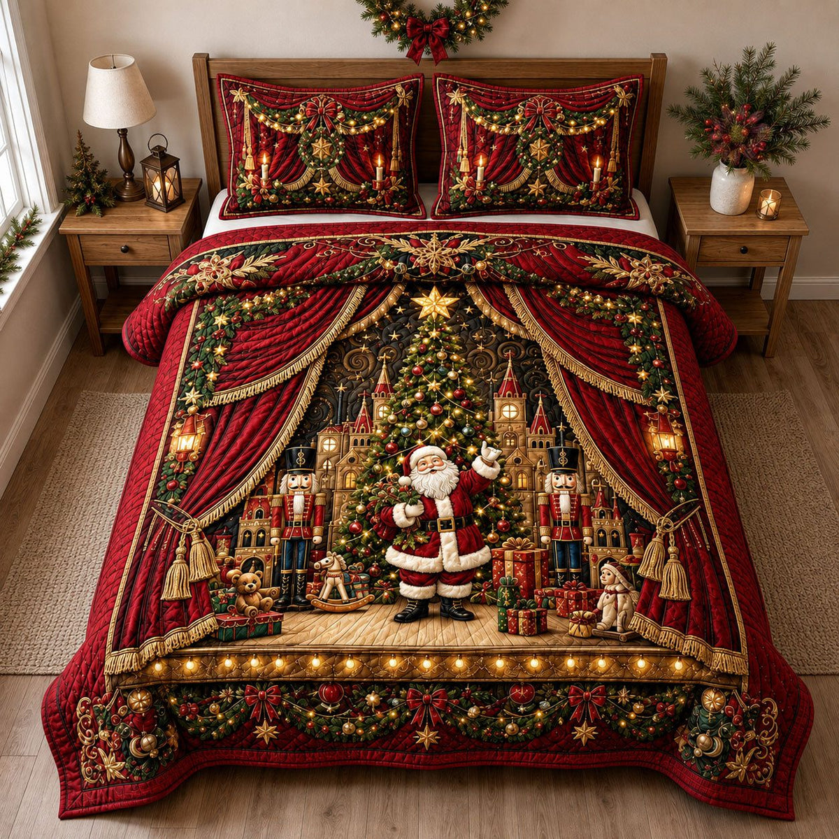 Santa Holiday Stage quilted 3-piece bedding set on a made bed in a winter-styled bedroom