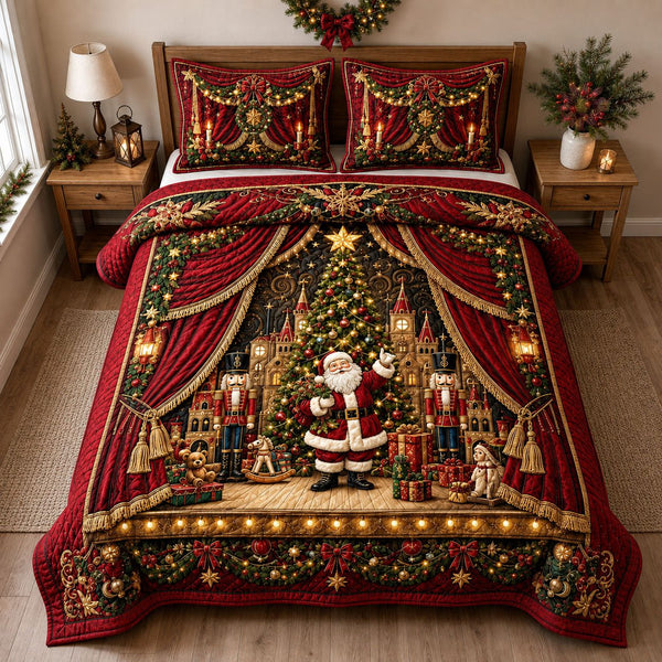 Santa Holiday Stage quilted 3-piece bedding set on a made bed in a winter-styled bedroom