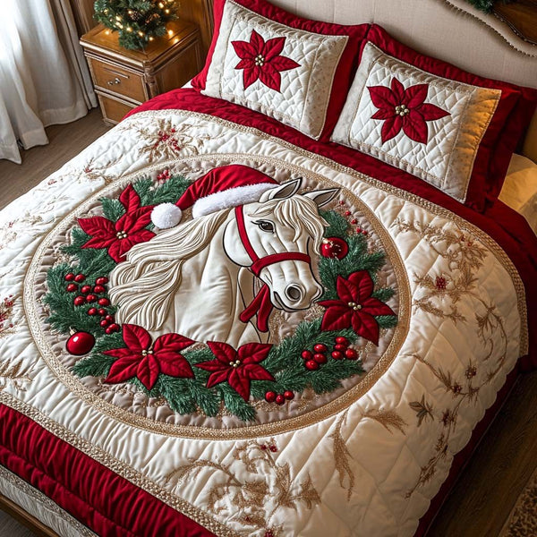 Santa Horse quilted 3-piece bedding set on a made bed in a winter-styled bedroom
