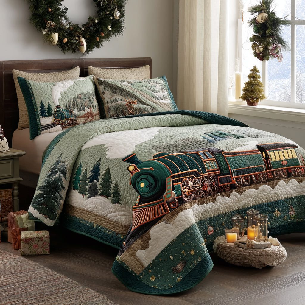 Santa Iron Steed quilted 3-piece bedding set on a made bed in a winter-styled bedroom