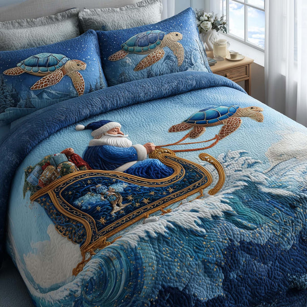 Santa Journey quilted 3-piece bedding set on a made bed in a winter-styled bedroom