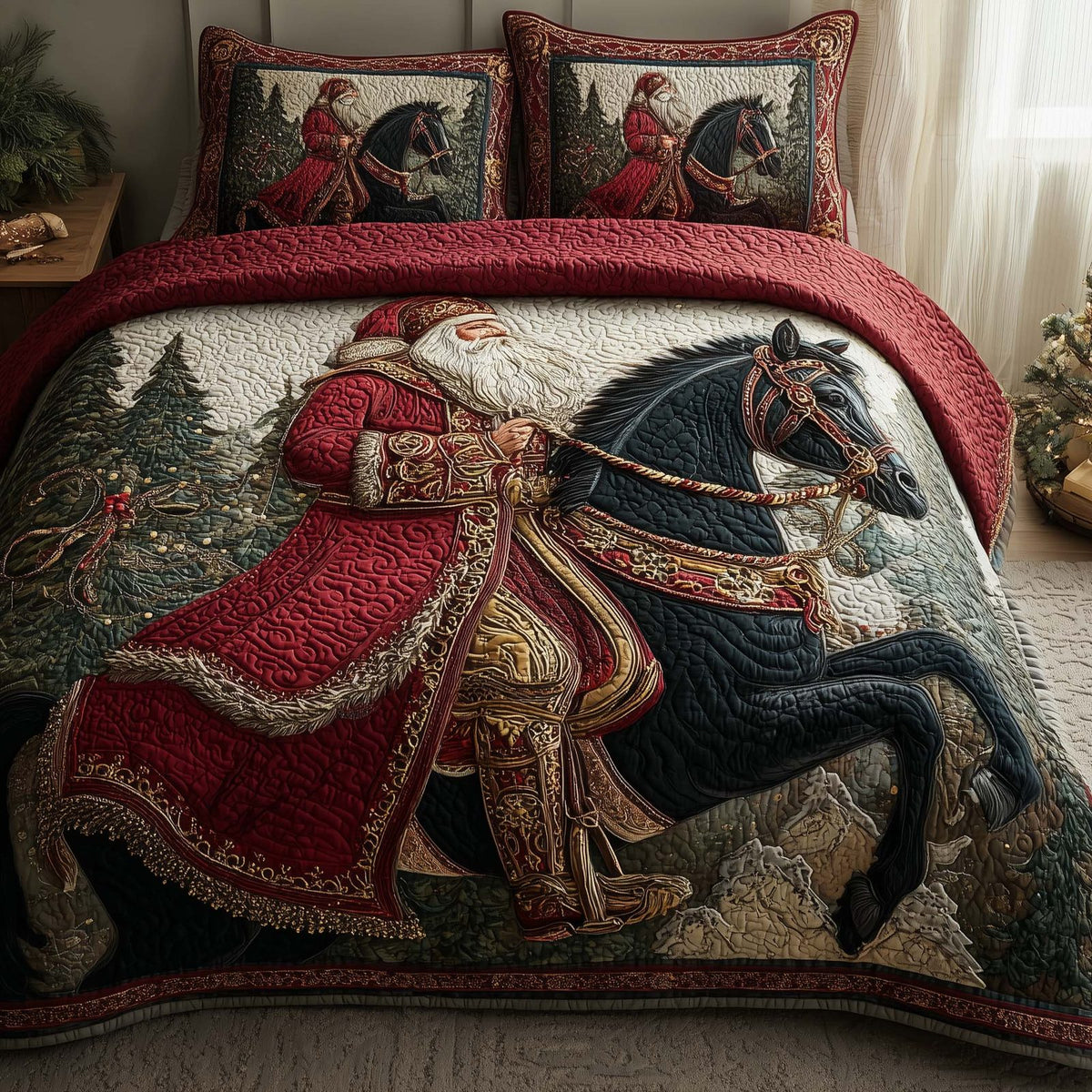 Santa Journey quilted 3-piece bedding set on a made bed in a winter-styled bedroom