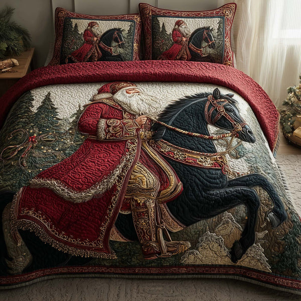 Santa Journey quilted 3-piece bedding set on a made bed in a winter-styled bedroom