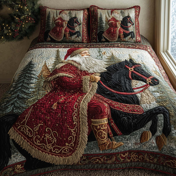Santa Journey quilted 3-piece bedding set on a made bed in a winter-styled bedroom