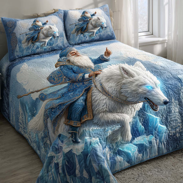 Santa Journey quilted 3-piece bedding set on a made bed in a winter-styled bedroom