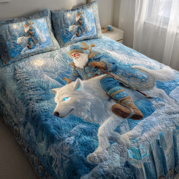 Santa Journey quilted 3-piece bedding set on a made bed in a winter-styled bedroom