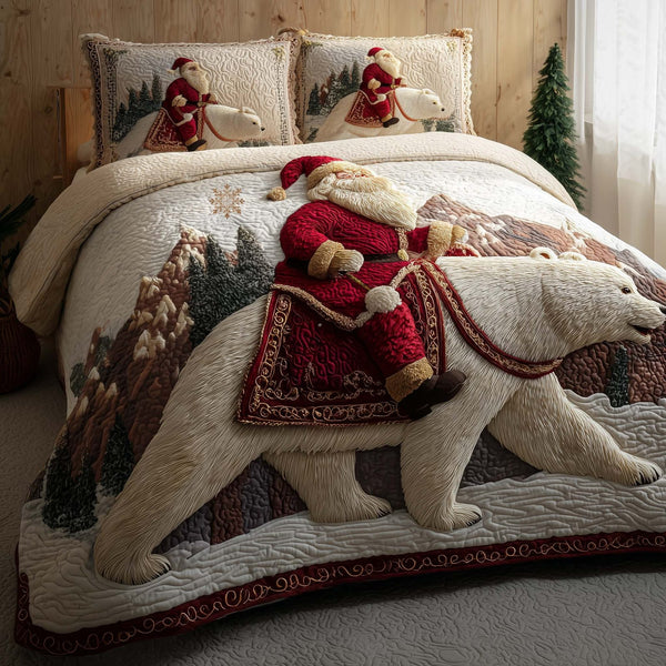 Santa Journey quilted 3-piece bedding set on a made bed in a winter-styled bedroom