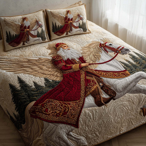 Santa Journey quilted 3-piece bedding set on a made bed in a winter-styled bedroom