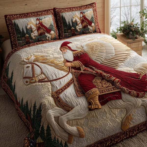 Santa Journey quilted 3-piece bedding set on a made bed in a winter-styled bedroom