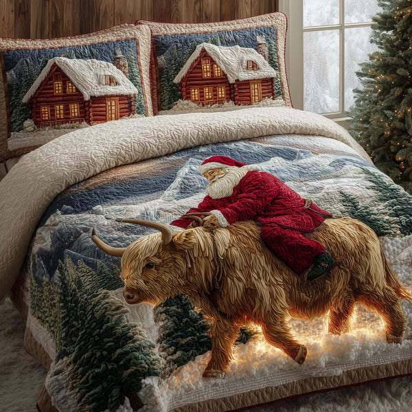 Santa Journey quilted 3-piece bedding set on a made bed in a winter-styled bedroom