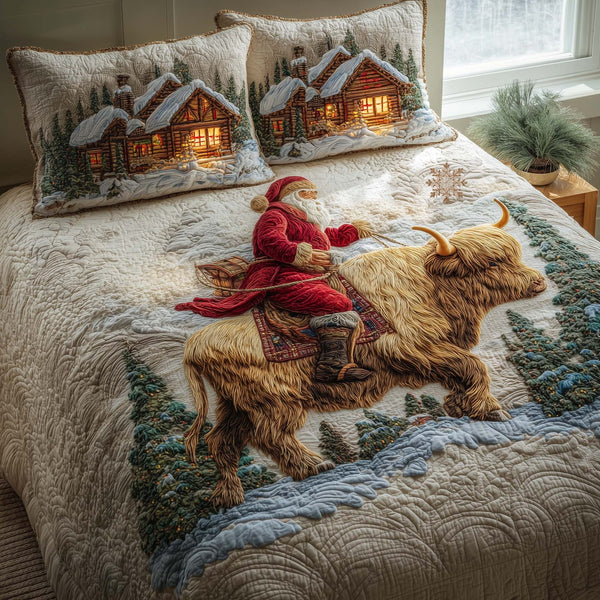 Santa Journey quilted 3-piece bedding set on a made bed in a winter-styled bedroom
