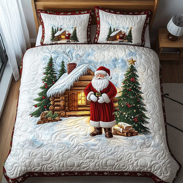 Santa Journey quilted 3-piece bedding set on a made bed in a winter-styled bedroom