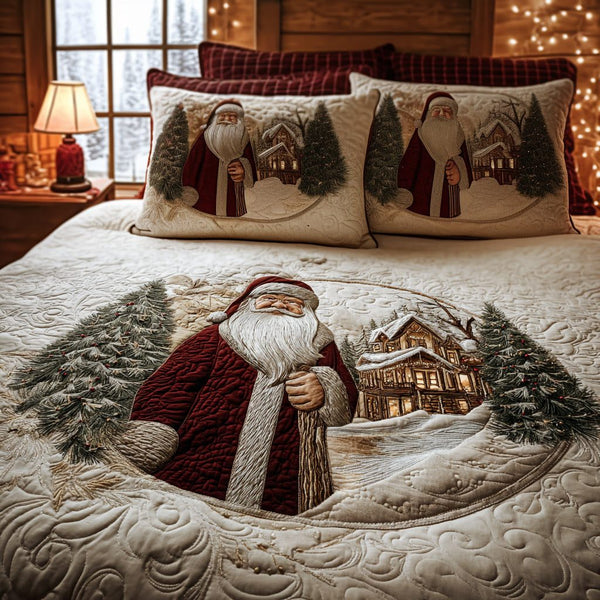 Santa Journey quilted 3-piece bedding set on a made bed in a winter-styled bedroom