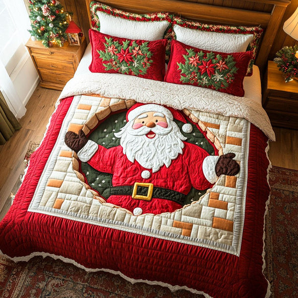 Santa Journey quilted 3-piece bedding set on a made bed in a winter-styled bedroom