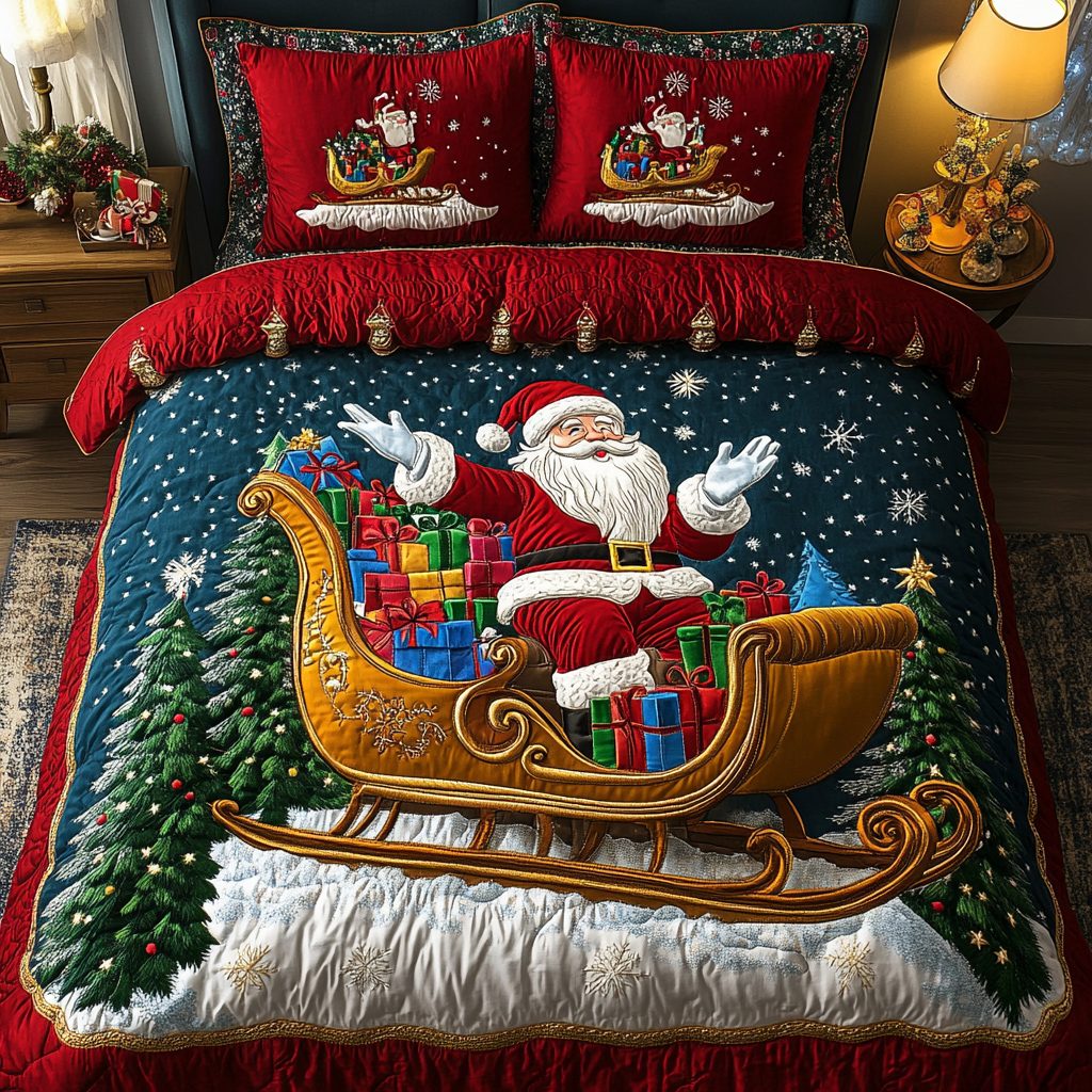 Santa Joy quilted 3-piece bedding set on a made bed in a winter-styled bedroom