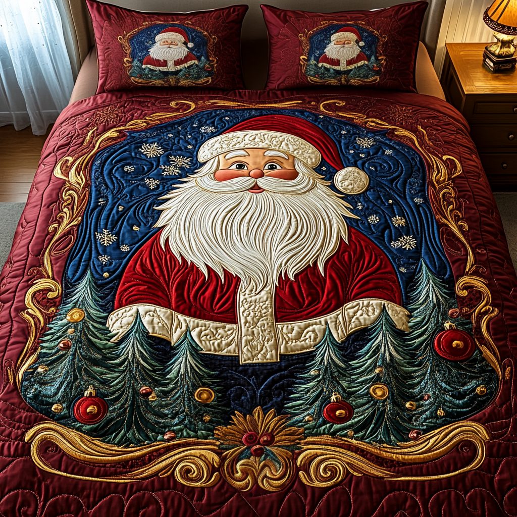 Santa Joy quilted 3-piece bedding set on a made bed in a winter-styled bedroom