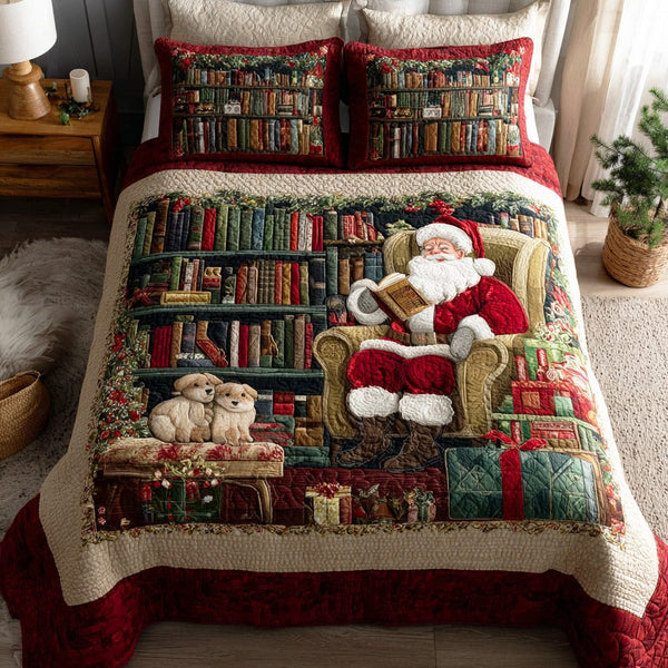 Santa Library quilted 3-piece bedding set on a made bed in a winter-styled bedroom