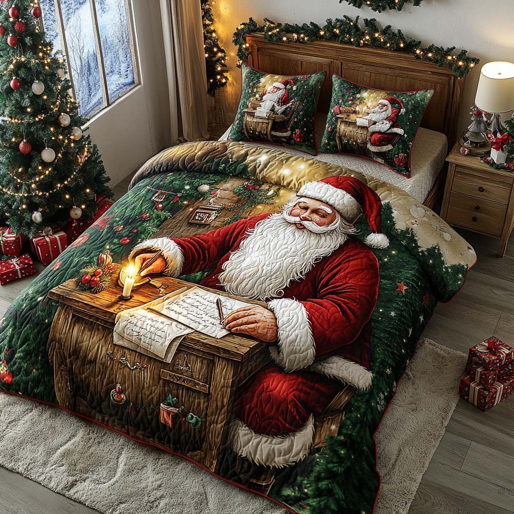 Santa List quilted 3-piece bedding set on a made bed in a winter-styled bedroom
