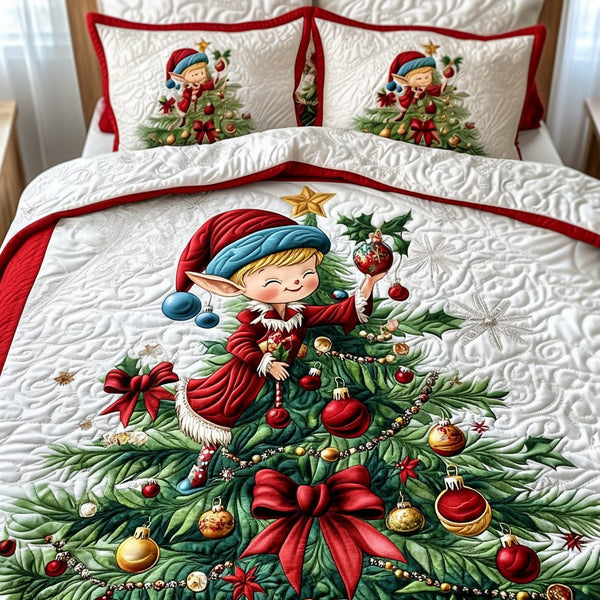 Santa Little Helper quilted 3-piece bedding set on a made bed in a winter-styled bedroom