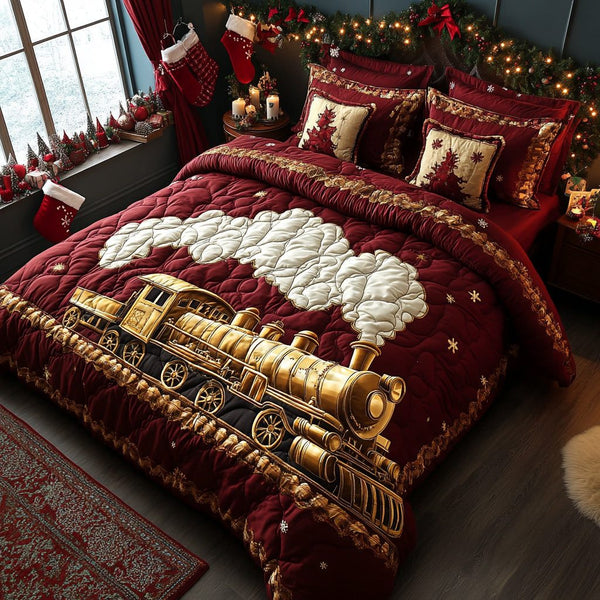 Santa Locomotive quilted 3-piece bedding set on a made bed in a winter-styled bedroom