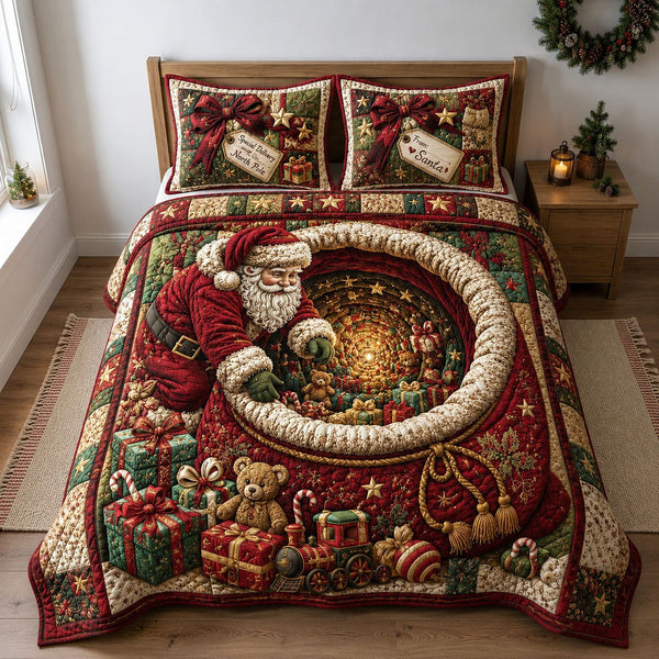 Santa Magic Gift Tunnel quilted 3-piece bedding set on a made bed in a winter-styled bedroom