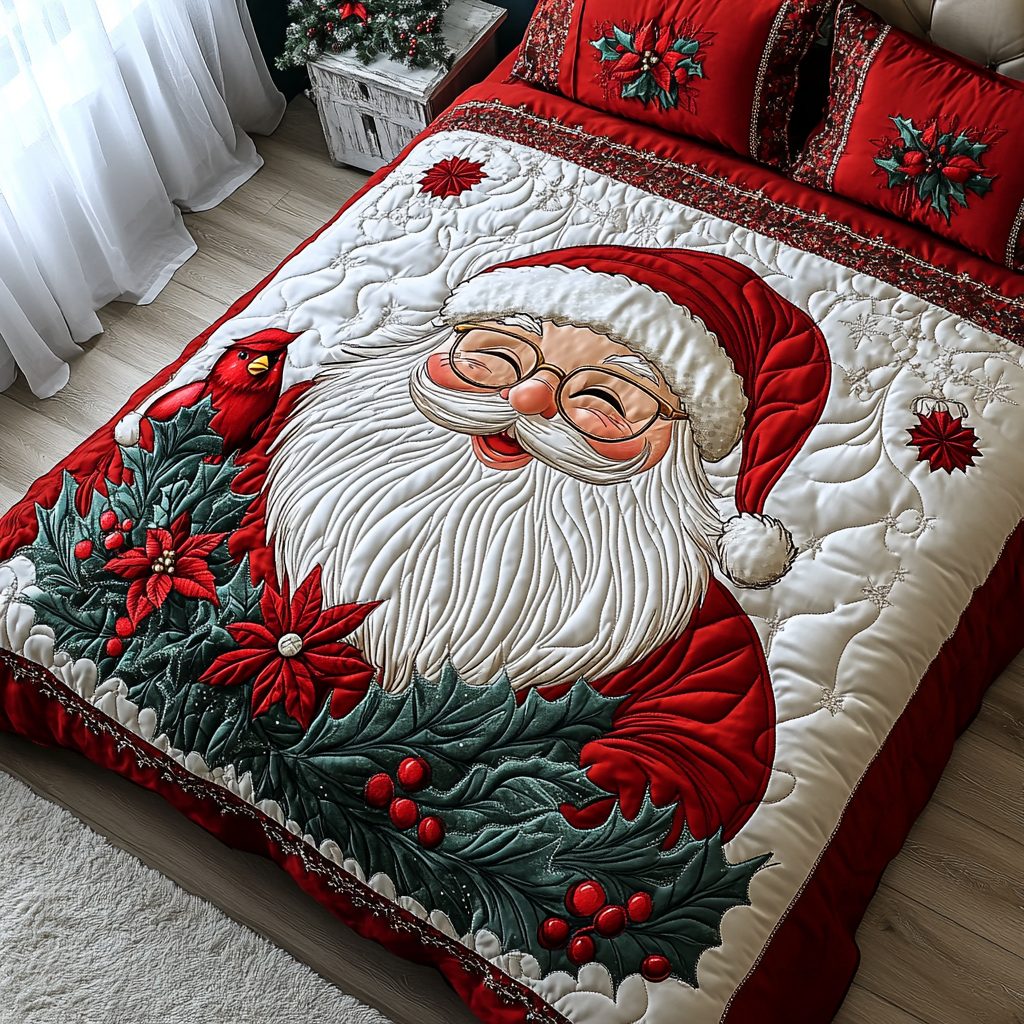Santa Magic quilted 3-piece bedding set on a made bed in a winter-styled bedroom