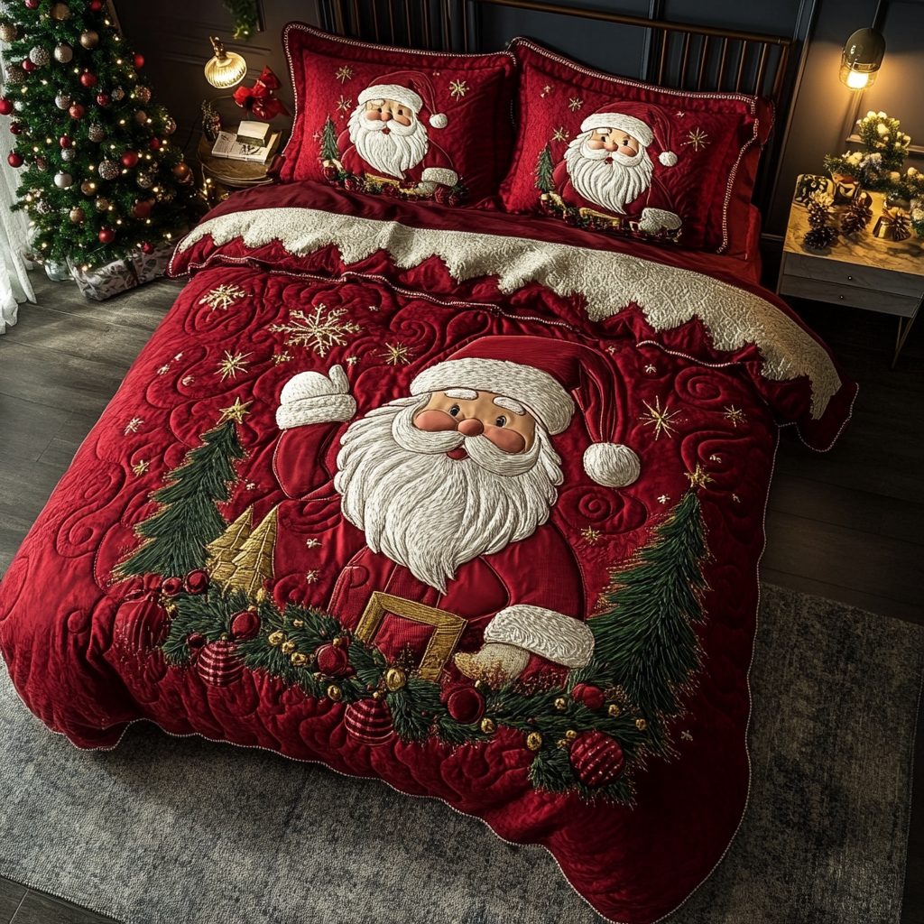 Santa Magic quilted 3-piece bedding set on a made bed in a winter-styled bedroom