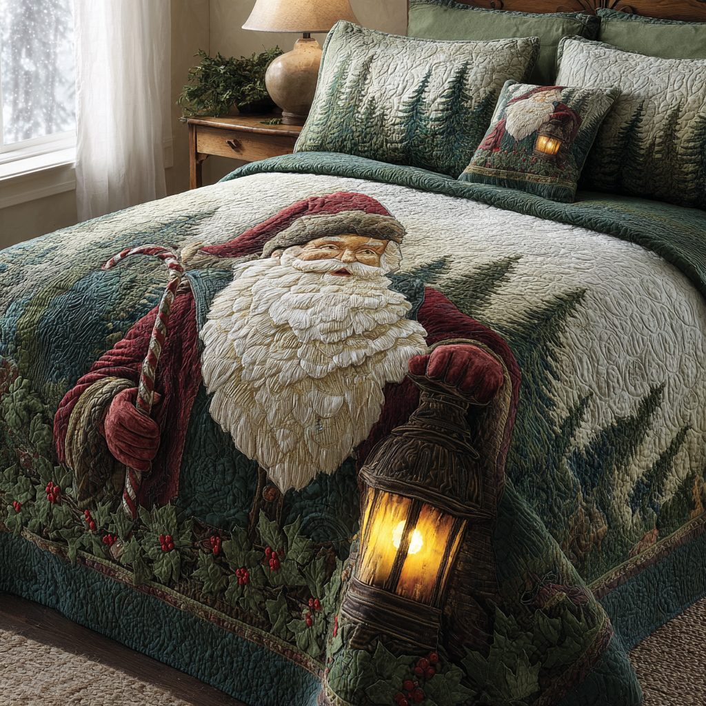 Santa Magic quilted 3-piece bedding set on a made bed in a winter-styled bedroom