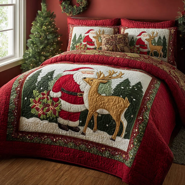 Santa Magic quilted 3-piece bedding set on a made bed in a winter-styled bedroom