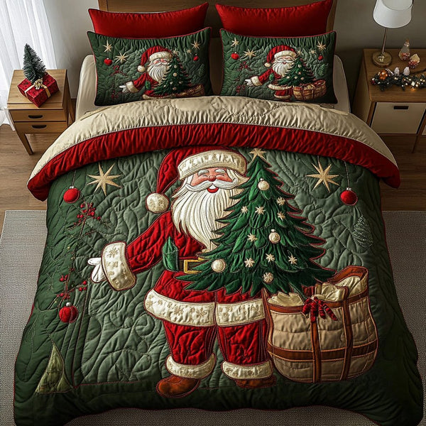 Santa Magic quilted 3-piece bedding set on a made bed in a winter-styled bedroom
