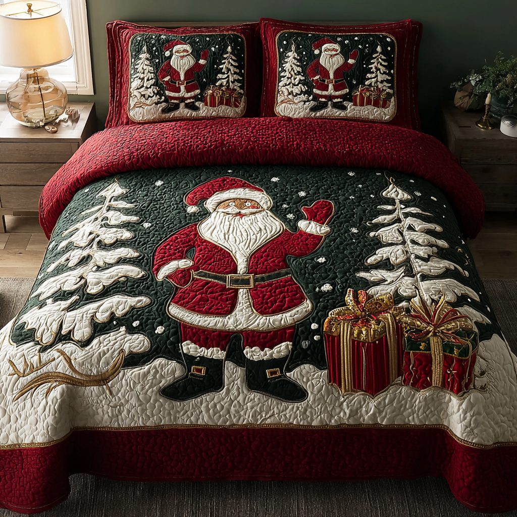Santa Memories quilted 3-piece bedding set on a made bed in a winter-styled bedroom