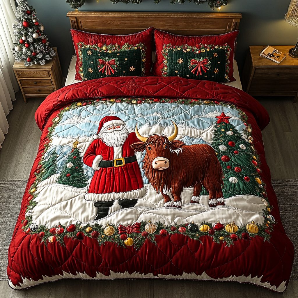 Santa Memories quilted 3-piece bedding set on a made bed in a winter-styled bedroom