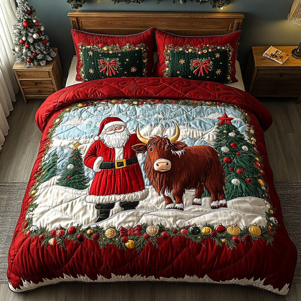 Santa Memories quilted 3-piece bedding set on a made bed in a winter-styled bedroom