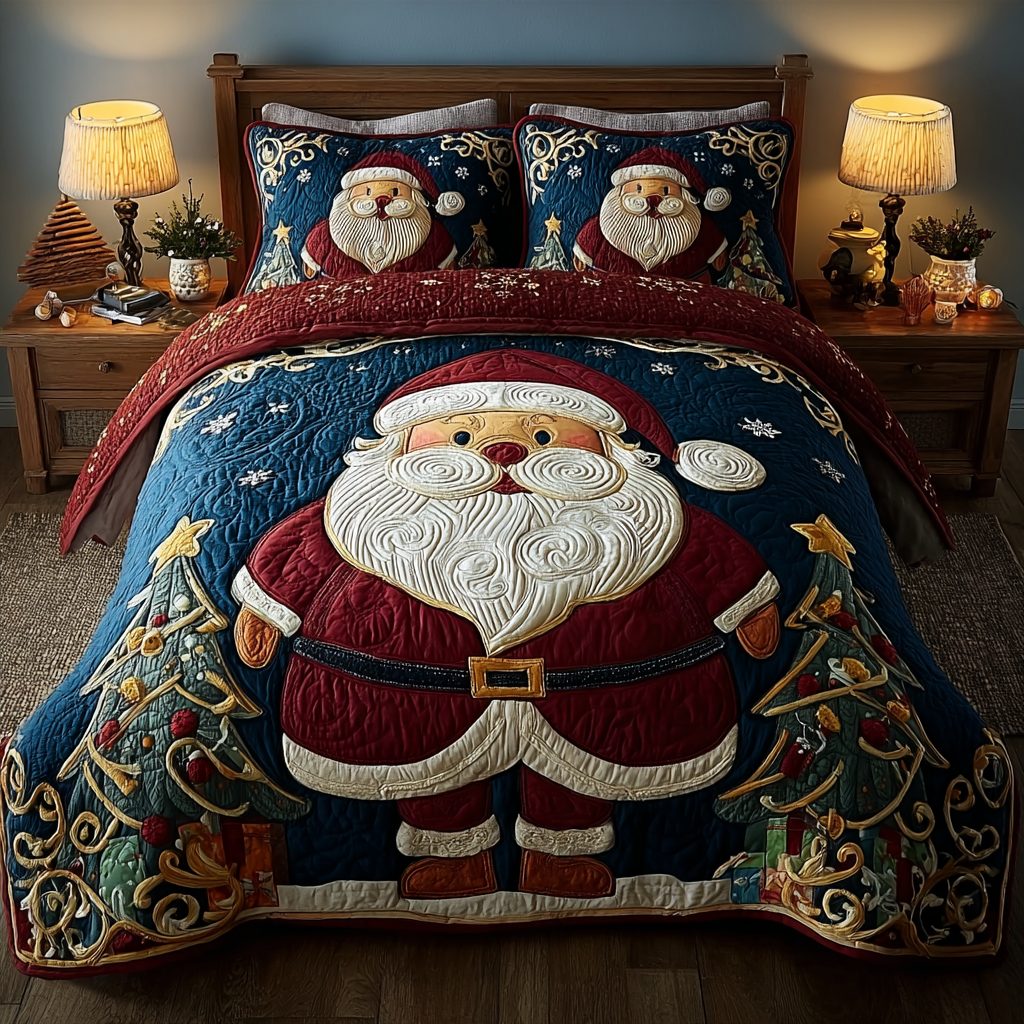 Santa Memories quilted 3-piece bedding set on a made bed in a winter-styled bedroom