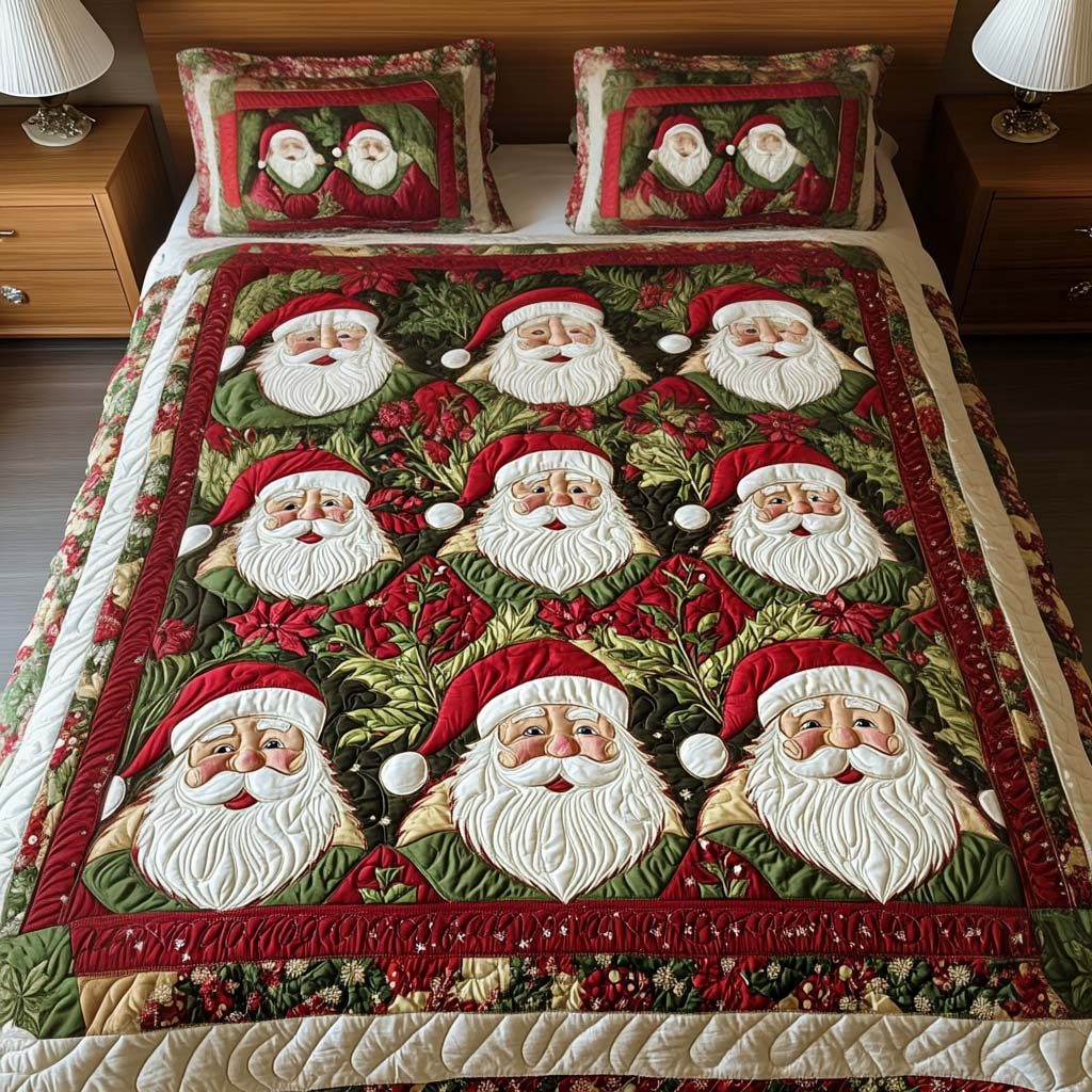 Santa Merry Gathering quilted 3-piece bedding set on a made bed in a winter-styled bedroom