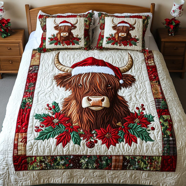 Santa Moo quilted 3-piece bedding set on a made bed in a winter-styled bedroom