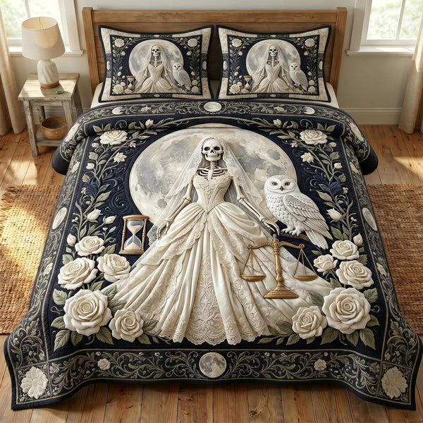 Santa Muerte quilted 3-piece bedding set on a made bed in a winter-styled bedroom