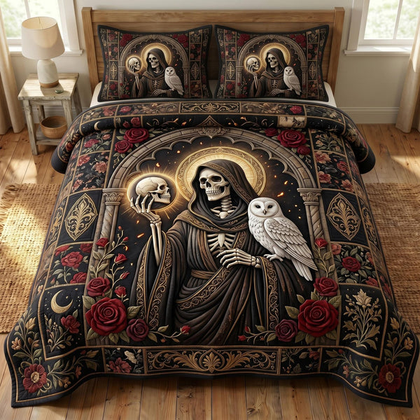 Santa Muerte quilted 3-piece bedding set on a made bed in a winter-styled bedroom
