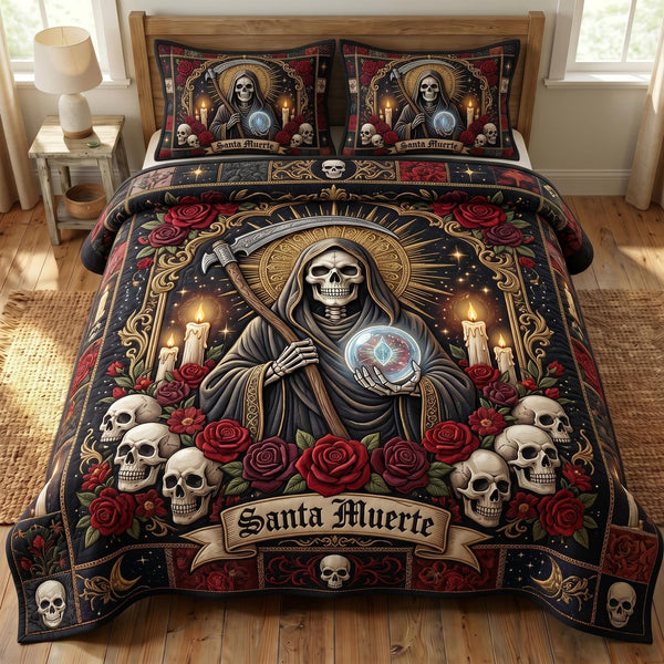 Santa Muerte quilted 3-piece bedding set on a made bed in a winter-styled bedroom
