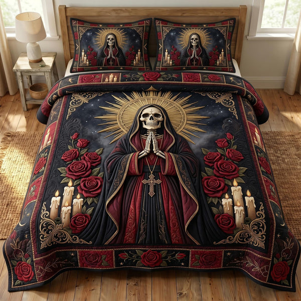 Santa Muerte quilted 3-piece bedding set on a made bed in a winter-styled bedroom