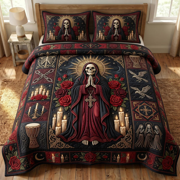 Santa Muerte quilted 3-piece bedding set on a made bed in a winter-styled bedroom