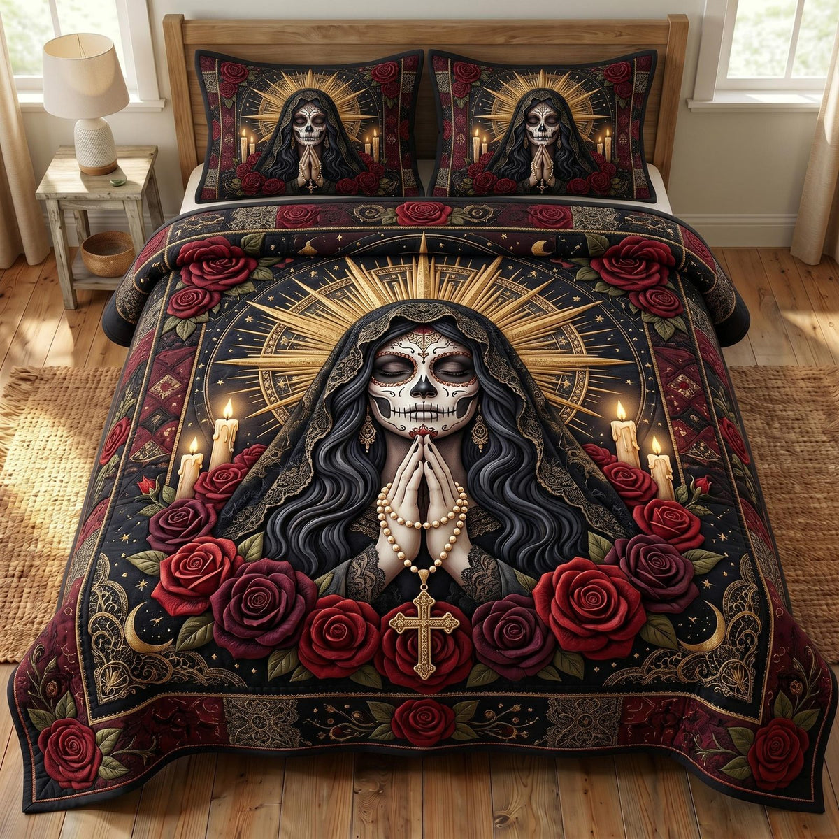 Santa Muerte quilted 3-piece bedding set on a made bed in a winter-styled bedroom