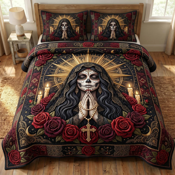 Santa Muerte quilted 3-piece bedding set on a made bed in a winter-styled bedroom