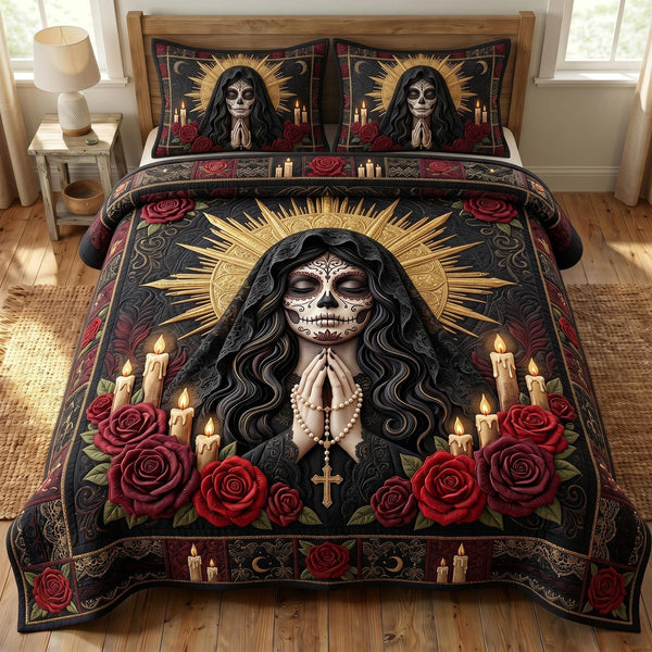 Santa Muerte quilted 3-piece bedding set on a made bed in a winter-styled bedroom