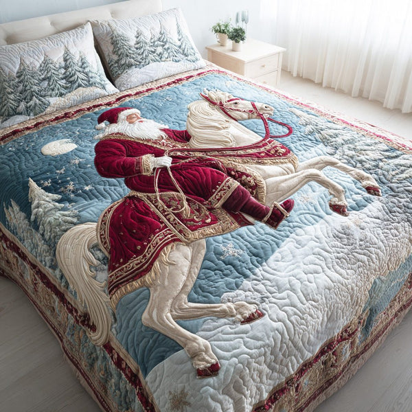 Santa Night Ride quilted 3-piece bedding set on a made bed in a winter-styled bedroom