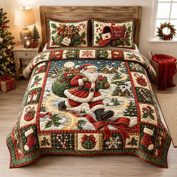Santa North Pole Delivery quilted 3-piece bedding set on a made bed in a winter-styled bedroom
