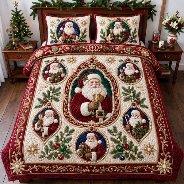 Santa Ornament quilted 3-piece bedding set on a made bed in a winter-styled bedroom