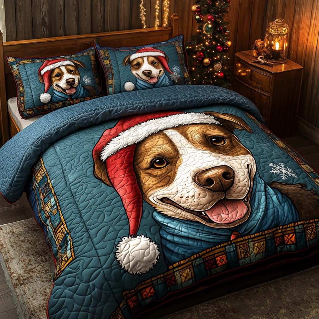 Santa Pitbull Joy quilted 3-piece bedding set on a made bed in a winter-styled bedroom