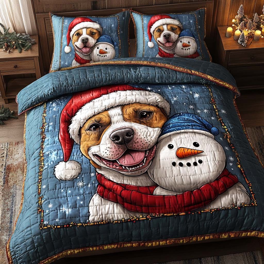 Santa Pup Snowman quilted 3-piece bedding set on a made bed in a winter-styled bedroom
