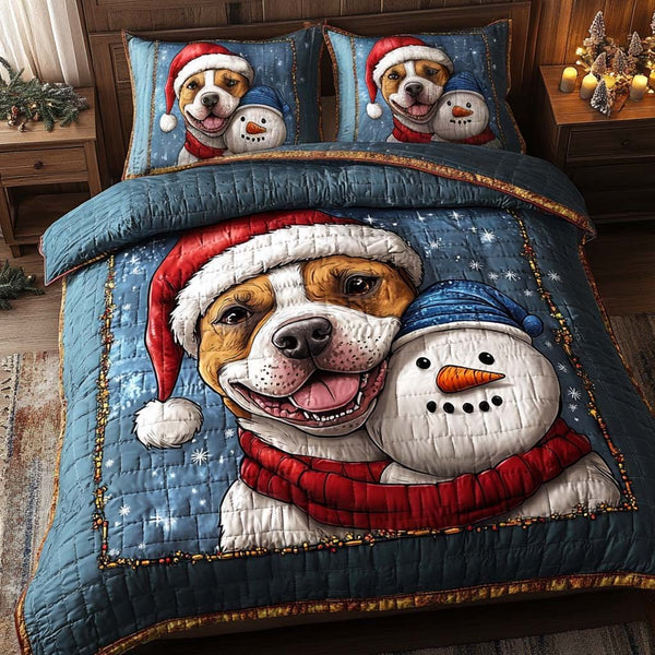 Santa Pup Snowman quilted 3-piece bedding set on a made bed in a winter-styled bedroom